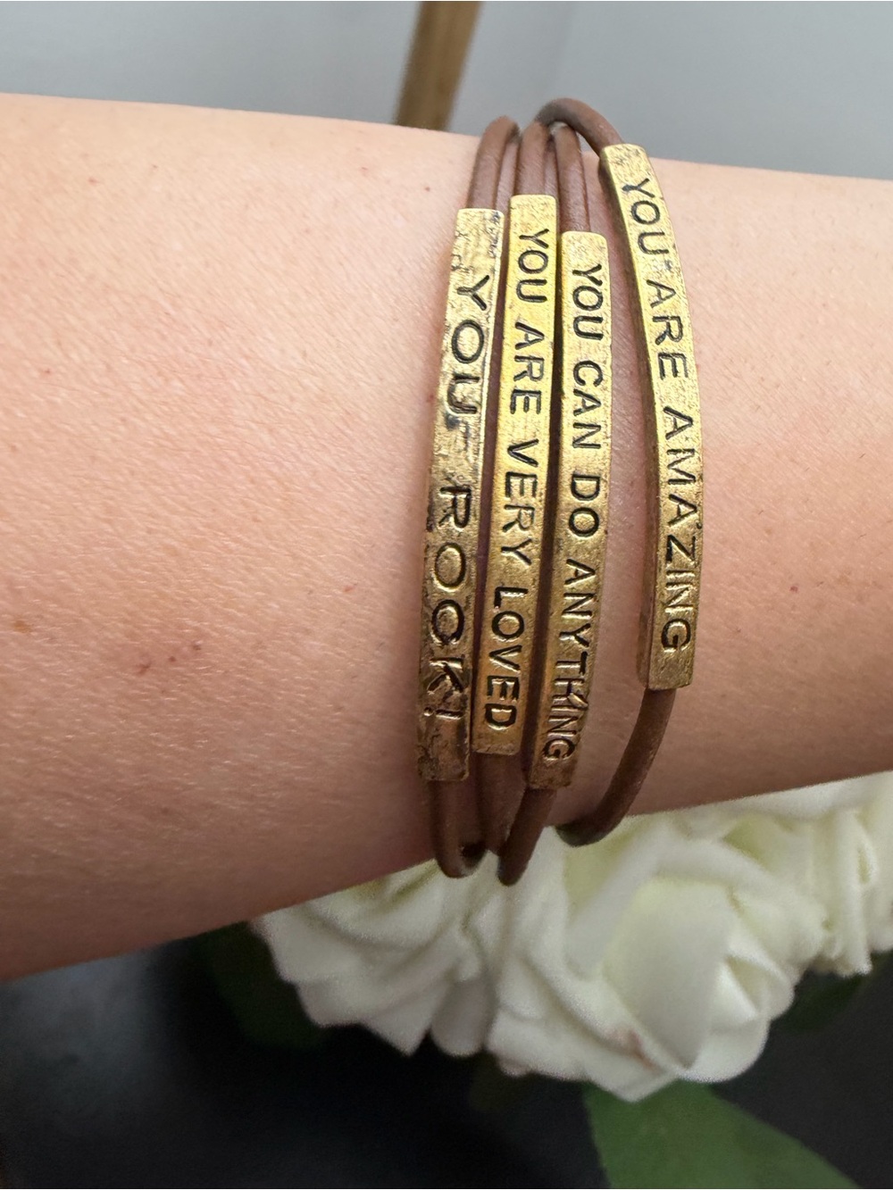 Inspirational Brown Leather Wrap Bracelet with Gold Accent Bars